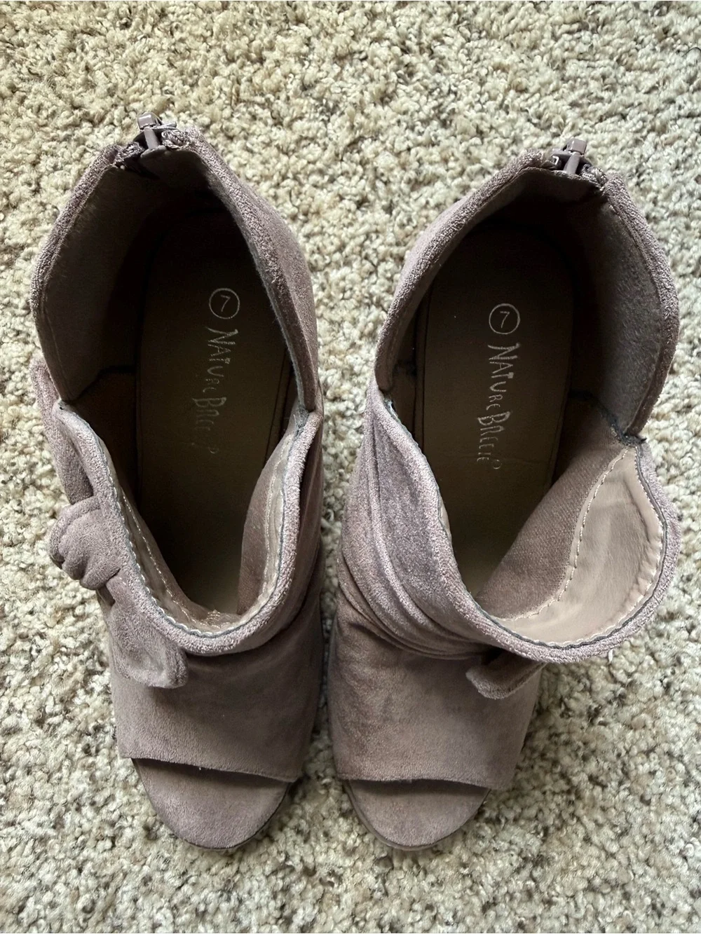 Nature Breeze Taupe Suede Peep-Toe Knot Booties